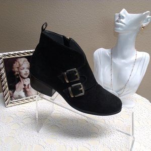 Black Suede Buckle Detail Ankle Boots Bootie by Ellen Tracy Sz 8